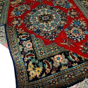 Rare 1950 Semi Antique Red Aqua Black 5x3 Persian Maragheh Qum Rug 100% Silk
